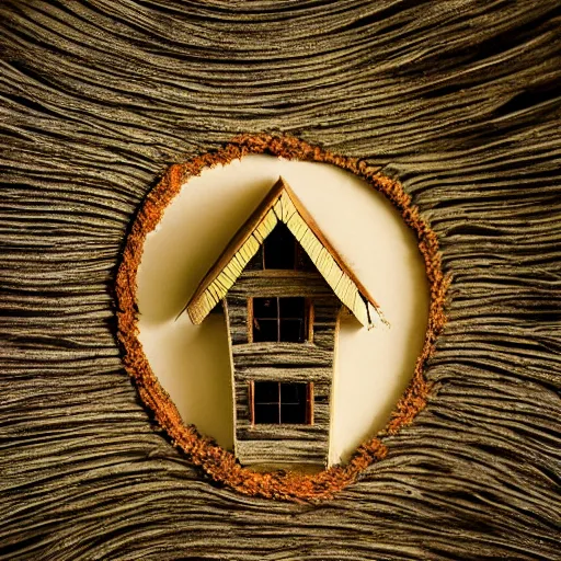 Image similar to an award paper art of a house in the forest, macro photography, ambient light