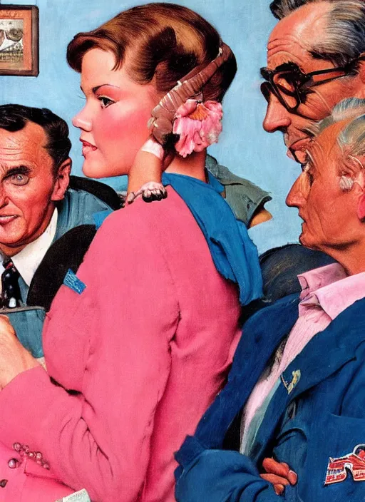 Image similar to dennis hopper berated by an air hostess in a hotel lobby, painted by norman rockwell and tom lovell and frank schoonover, pink and blue