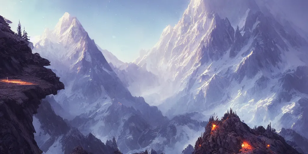 Image similar to beautiful alps landscape, magnificent, luxury, detailed, sharp focus, close up, high detail, volumetric, illustration, cold lighting, by jordan grimmer and greg rutkowski, trending on artstation, pixiv