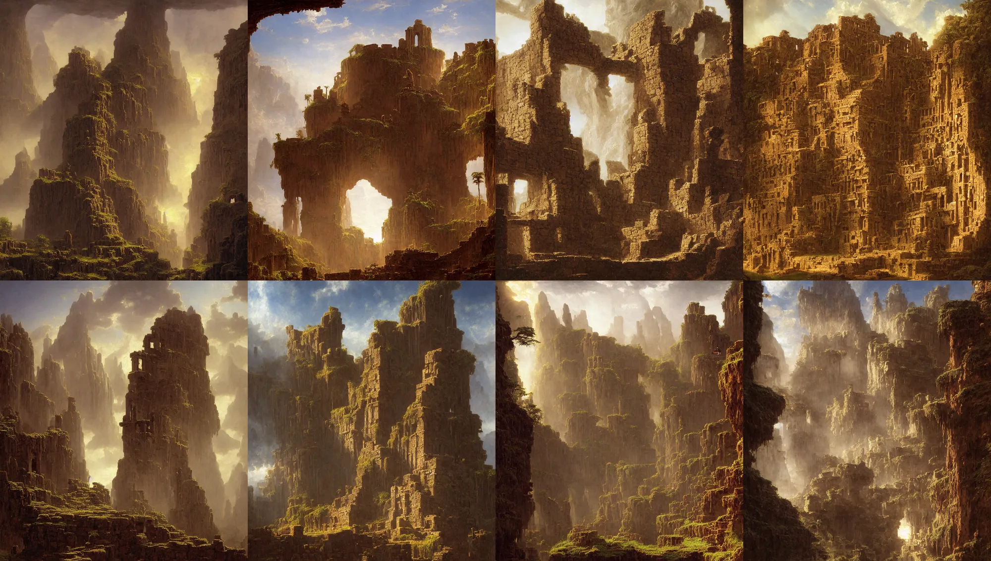 Image similar to aztec ruins built on the walls of a cave by jorge jacinto, albert bierstadt, jim burns, edwin church, frederic thomas cole, brown durand, asher david friedrich, caspar james gurney, johnson heade, martin raphael lacoste, ted nasmith, andreas rocha, christophe vacher, mystical, fantasy, rays of sun light, atmospheric lighting