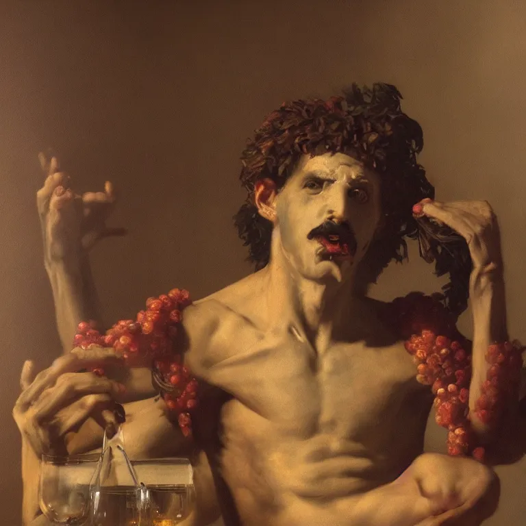Image similar to raw, unsettling portrait of Dionysus, the Greek god of wine, drinking at the party to forget his heartbreak by 20th-century artist Francis Bacon, cinematic, hyper realism, octane render, 8k, depth of field