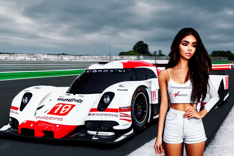 Prompt: a highly detailed, beautiful photo of a madison beer standing beside a ( ( porsche 9 1 9 ) ), at the 2 4 hour of le mans, symmetrical face, beautiful eyes, realistic, 8 k, award winning photo, motor sport photography, natural lighting, adobe photoshop, final render