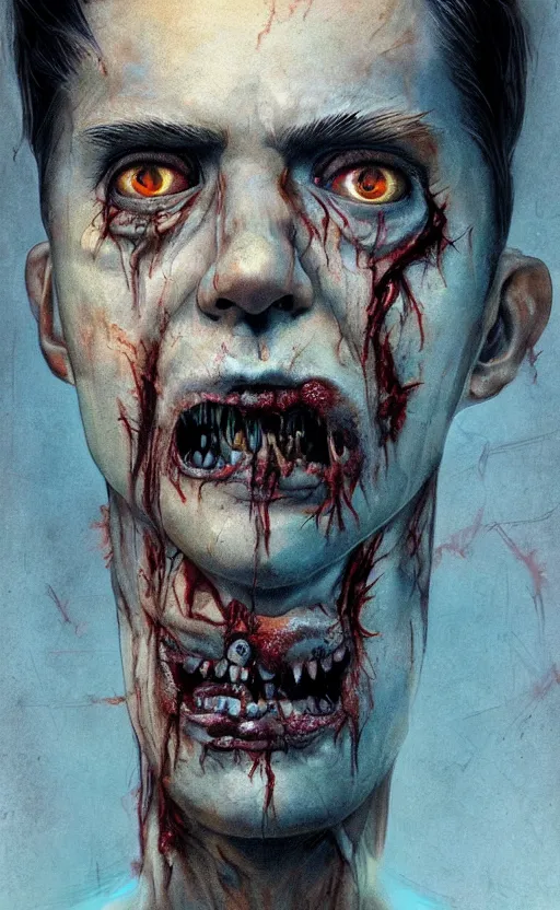 Prompt: upper half portrait of a man with spiral eyes and zombie features drooling - inside of a distorted with 3 d eyes all around him - in drew struzan movie poster style, art by drew struzan & hsiao - ron cheng, highly detailed, digital painting, ray tracing, illustration, smooth, sharp focus, intricate, symmetry, artstation,
