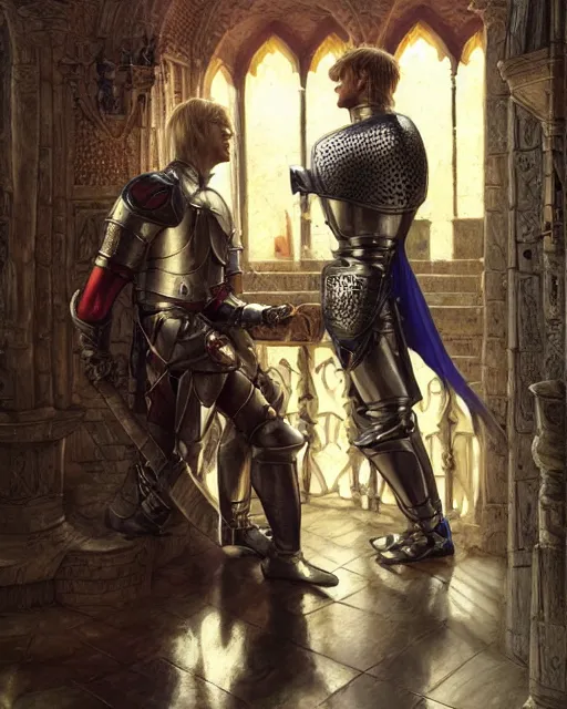 Image similar to attractive arthur pendragon confesses his love to his attractive male knight, they are close to each other, in a quiet moment, informal cloths, highly detailed, very intricate, cinematic lighting, by donato giancola and rossdraws and magali villenueve, featured on artstation