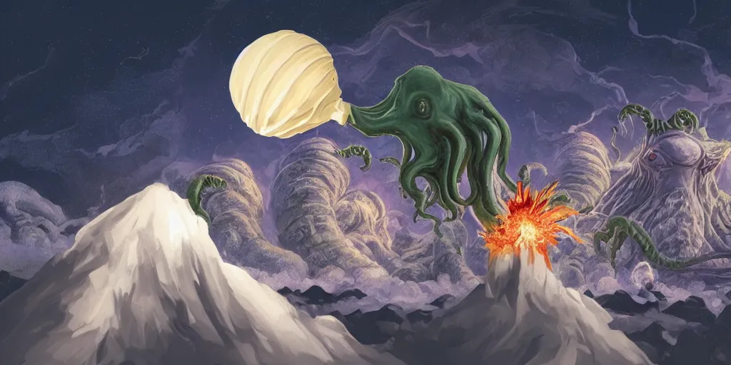 Prompt: closeup of vanilla ice cream cone in the foreground is being eaten by Cthulhu, exploding volcano is hit by meteor in the background, by Philipp A. Urlich and H. R. Geiger and H. P. Lovecraft, fantasy, intricate, elegant, highly detailed, digital painting, artstation, blender, unreal engine 5, octane render, smooth, sharp focus, illustration