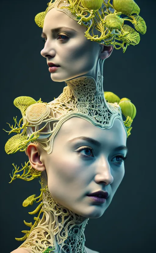 Image similar to intricate hyper detailed ultra sharp 3 d render of a beautiful porcelain seductive woman portrait, medium shot portrait, bright light, alexandre ferra mecha, cyberpunk mechanical haute couture huge white fractal mycelum and fungi, magnolia goliath head ornaments, big embroidered leaves filigree sinuous roots, yellow pistil, octane render, volumetric cinematic lighting, 8 k, vray tracing