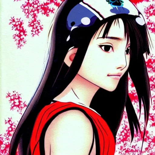 Image similar to a beautiful young japanese natalie portman alluring gravure model, anime art, wearing elegant designer overalls, elegant overalls with mesoamerican patterns, mesoamerican native street fashion, princess mononoke, painted by jamie hewlett and ashley wood, aesthetic, gorgeous, stunning, alluring, attractive, artstation, pinterest, digital art