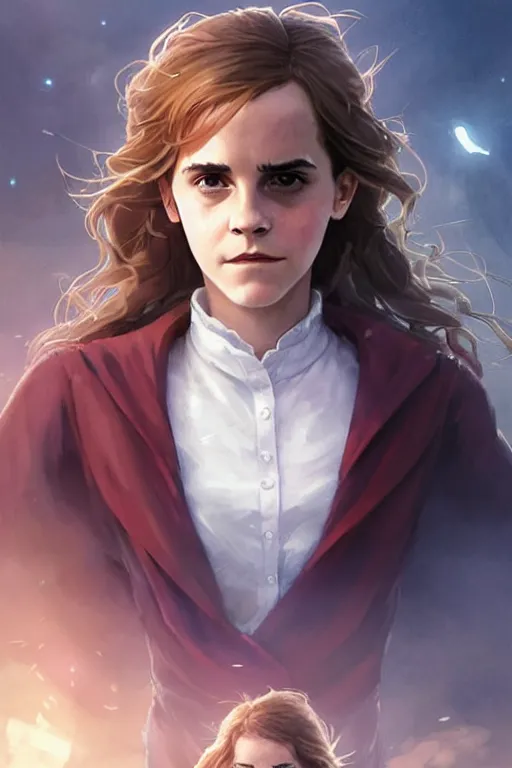 Image similar to Poster artwork, Emma Watson as Hermione Granger, wearing hogwarts robes, magnificent, medium close up, details, sharp focus, elegant, highly detailed, illustration, by Jordan Grimmer and greg rutkowski and PiNe(パイネ) and 薯子Imoko and 香川悠作 and wlop!!!! and maya takamura, intricate, beautiful, sunset!!!, Trending artstation, pixiv, digital Art