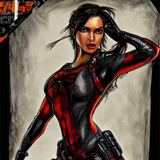 Image similar to Lara croft as spiderwoman, intricate, highly detailed