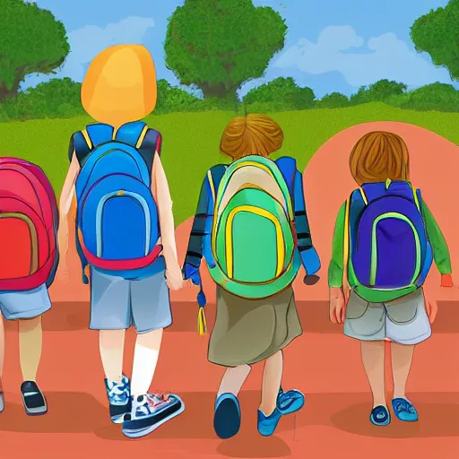 Image similar to A photograph of dinosaurs with backpacks walking to kindergarten, digital art, characters