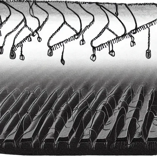 Image similar to illustration of rows of humans hanging on hooks in an ice box, fog rolling on the ground