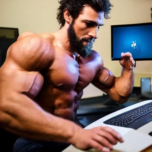 Image similar to a chad. muscular. godlike. using a computer.