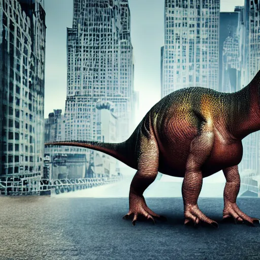 Prompt: awfully bad Photoshop poster of a dinosaur at New York