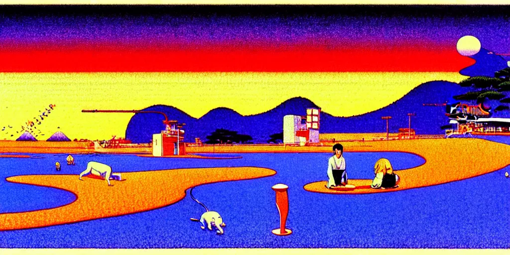 Image similar to risograph of electric cats that fly over ice, a lot of tv screens around, shrimps are all over the ground, acid and dreaming psychedelic hallucinations, by kawase hasui, moebius and edward hopper, colorful flat surreal design, hd, 8 k, artstation