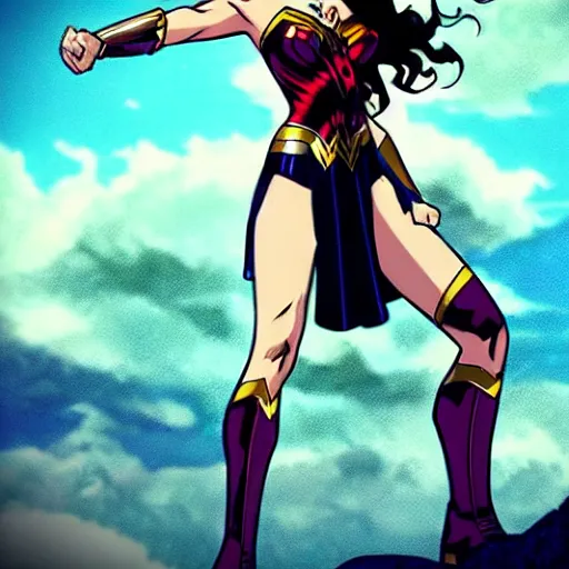 Image similar to Gal Gadot as Wonder Woman, Anime style, dramatic action shot