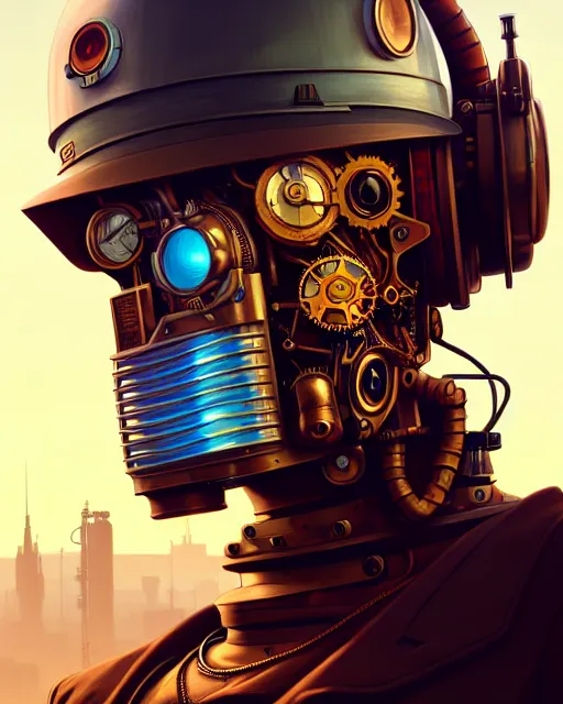 Image similar to hyper - realistic portrait of a steampunk robot, gta v cover art, celshading, sharp focus, intricate, detailed, rhads, andreas rocha, makoto shinkai, lois van baarle, ilya kuvshinov, greg rutkowski, dynamic lighting, grunge aesthetic, 4 k