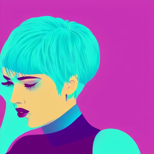 Prompt: a girl with short turquoise hair, made of many colorful flat color minimal shapes and curves, modern graphic design, decorative art deco background, artsy, graphic design profile picture