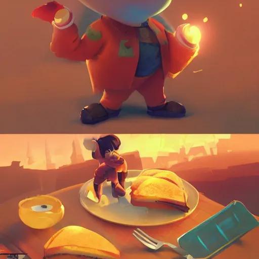 Prompt: my french toast got up and walked away, cute pixar character, volumetric lighting, dynamic composition, fantasy, hyper detailed, ultra realistic, sharp focus, octane render, concept art by sachin teng and sergey kolesov and ruan jia and heng z