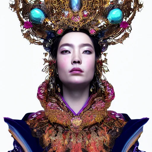 Image similar to a beautiful empress portrait, with a brilliant, impossible striking big cosmic galaxy headpiece, clothes entirely made out of cosmos chaos energy, symmetrical, dramatic studio lighting, rococo, baroque, jewels, asian, hyperrealism, closeup, D&D, fantasy, intricate, elegant, highly detailed, digital painting, artstation, octane render, 8k, concept art, matte, sharp focus, illustration, art by Artgerm and Greg Rutkowski and Alphonse Mucha