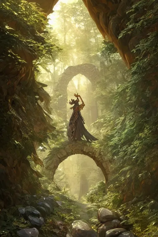 Image similar to big arch made of stones in a forest, d & d, fantasy, intricate, elegant, highly detailed, digital painting, artstation, concept art, matte, sharp focus, illustration, hearthstone, art by artgerm and greg rutkowski and alphonse mucha