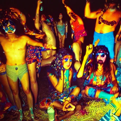 Image similar to expired kodak film photograph portrait of retro psychedelic trance hippy party in goa from 1 9 7 0, hyperrealism, photorealism, imax quality, 8 k