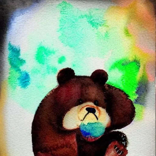 Image similar to a bear dreaming a thought bubble with a mouse in it, watercolor