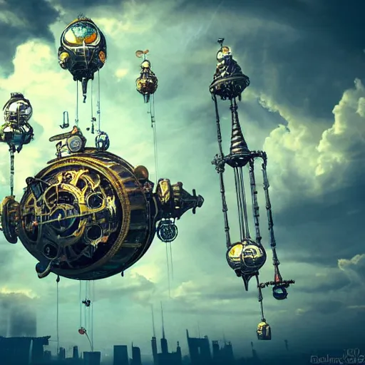 Prompt: flying city in a mechanical flower, sky, steampunk, fantasy art, steampunk, masterpiece, octane