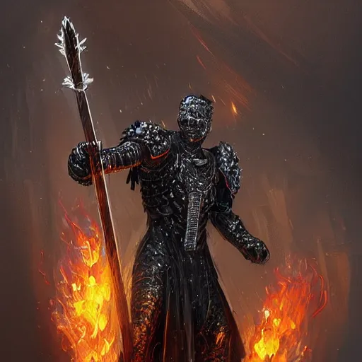 Prompt: a man in black-crystal armor surrounded by flames wielding a battle-axe made of black crystals. ,D&D, sci-fi, elegant, hopeful, muscular, highly detailed, digital painting, artstation, concept art, smooth, sharp focus, illustration