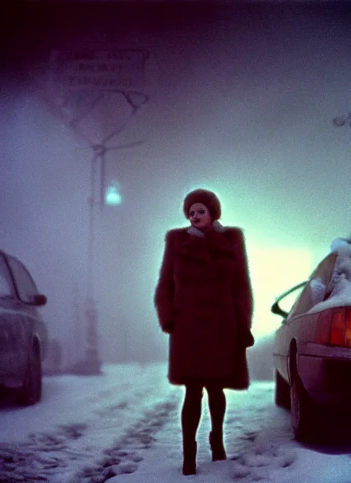 Prompt: emma getting out of taxi in winter, faded color film, russian cinema, tarkovsky, kodachrome, heavy fog, 4 k, dramatic lighting, greg rutkowski