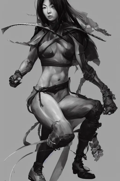 Image similar to a Hyung tae Kim concept art of female ninja character on a render by the artist Hyung tae Kim , highly detailed, sharp focus, Jiyun Chae, Joe Madureira, Trending on Artstation by Hyung tae Kim, artbook, Stanley Artgerm Lau, WLOP, Rossdraws and Greg Rutkowski