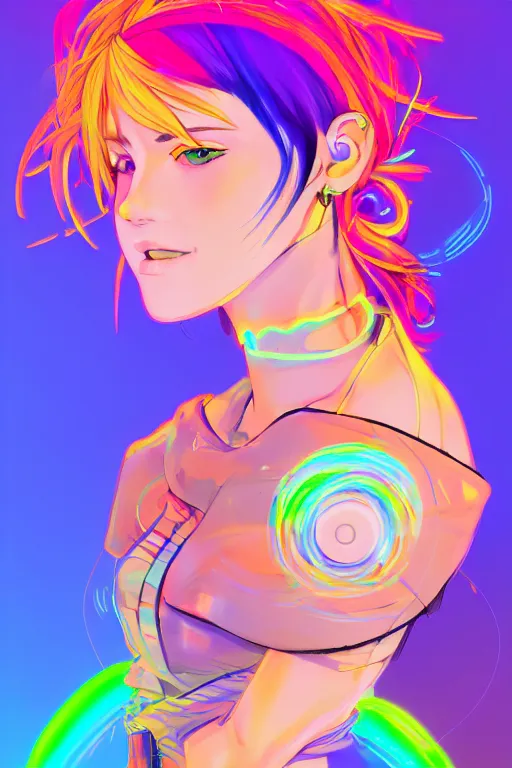 Image similar to a award winning portrait of a beautiful woman with stunning eyes in a one off shoulder croptop and cargo pants with rainbow colored hair, outlined by whirling illuminated neon lines and fine lines swirling in circles by makoto shinkai, digital art, trending on artstation