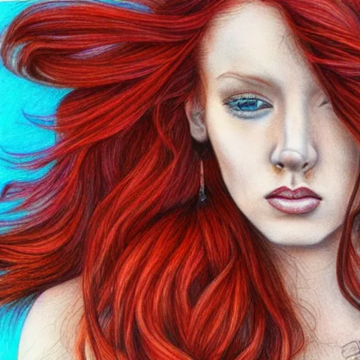 Image similar to full body detailed colored pencil drawing of a beautiful red haired woman with a beautiful face, high detail, intricate clothing