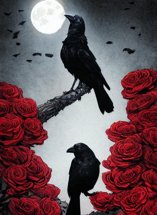 Image similar to portrait, A crow with red eyes in front of the full big moon, book cover, red roses, red white black colors, establishing shot, extremly high detail, foto realistic, cinematic lighting, pen and ink, intricate line drawings, by Yoshitaka Amano, Ruan Jia, Kentaro Miura, Artgerm, post processed, concept art, artstation, matte painting, style by eddie mendoza, raphael lacoste, alex ross