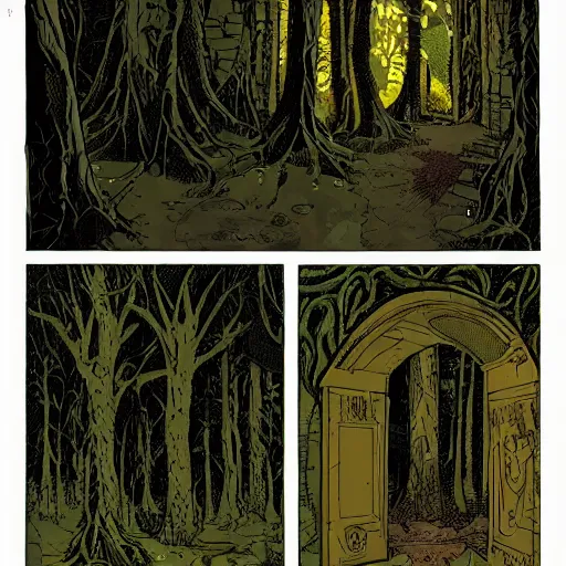 Image similar to a large doorway in the woods that leads to a strange land, highly detailed, smooth, sharp focus, bold warm and cool colours, high contrast, background depth, graphic novel, art by laurie greasley and mike mignola,