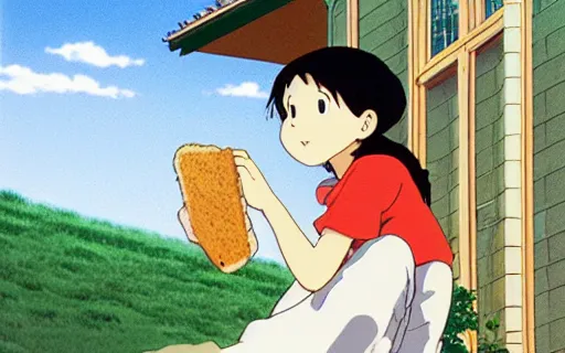 Prompt: a girl sitting on the roof of a house eating a sandwich, art by hayao miyazaki, studio ghibli film