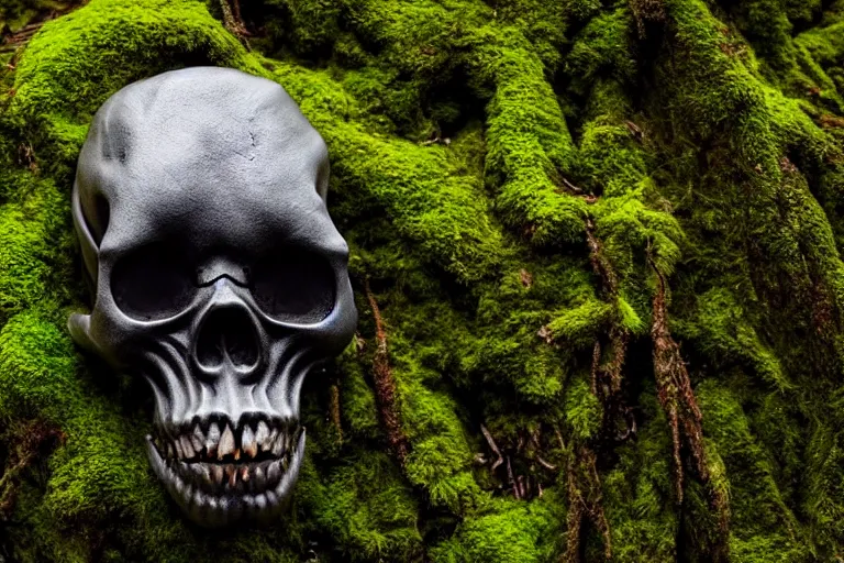 Image similar to high quality scary alienated monster skull statue sitting in the middle of a dark and creepy forrest, partly covered with moss, highly detailed, cinematic smooth, stephen shore & john j. park, soft morning light, wide shot, high angle, uhd 8 k, deep focus