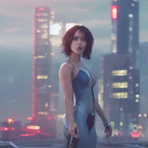 Image similar to a beautiful still of scarlett johansson as motoko kusanagi from ghost in the shell, cyberpunk style, looking off into the distance, short black hairs, with a soft, blue hour, neons light from night city falling on her face. focus on her eyes and brows. by annie leibowitz