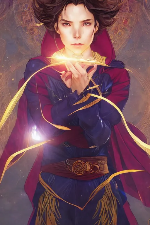 Prompt: anime key visual of a beautiful young female doctor strange, marvel comics, spells, magic, intricate, magical village, stunning, highly detailed, digital painting, artstation, smooth, hard focus, illustration, art by artgerm and greg rutkowski and alphonse mucha