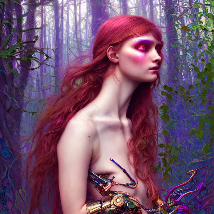 Image similar to bright psychedelic portrait of shy organic cyborg in an ancient forest, diffuse lighting, fantasy, intricate, elegant, highly detailed, lifelike, photorealistic, digital painting, artstation, illustration, concept art, smooth, sharp focus, art by John Collier and Albert Aublet and Krenz Cushart and Artem Demura and Alphonse Mucha