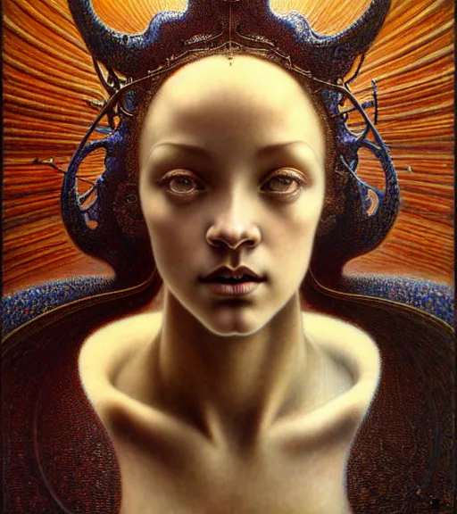 Prompt: detailed realistic beautiful young medieval alien robot rihanna face portrait by jean delville, gustave dore and marco mazzoni, art nouveau, symbolist, visionary, gothic, pre - raphaelite. horizontal symmetry by zdzisław beksinski, iris van herpen, raymond swanland and alphonse mucha. highly detailed, hyper - real, beautiful, fractal baroque