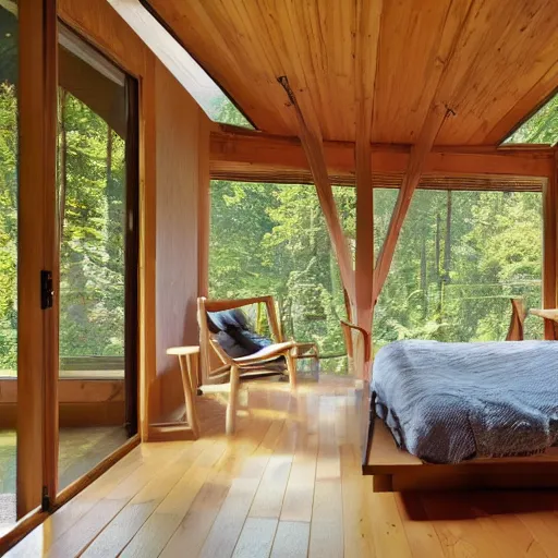 Image similar to interior of an epic treehouse. modern design, window viewing forest canopy, wooden bridge