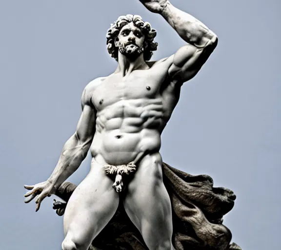 Image similar to a hyper-detailed marble status of Poseidon by Michelangelo; anatomically correct; an extraordinary masterpiece!!!; proud posture; photorealistic eyes; trending on artstation; f/1.4; 90mm