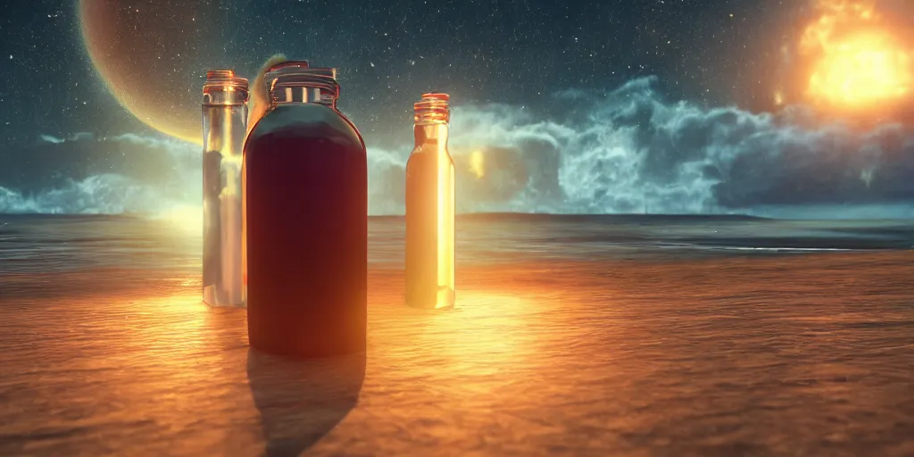 Image similar to a supernova inside a water bottle on a wooden table, hyperrealistic, concept art, octane render, unreal engine 5, trending on artstation, high quality, highly detailed, 8 k hdr, soft lighting, path traced, a beach at sunset in the background, bloom, high coherence, symmetrical, high contrast, digital art, serene landscape, cinematic