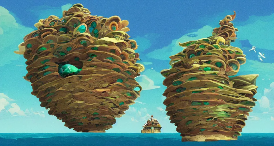 Prompt: giant abalone - shaped seashell house in the ocean by roger deakins, bill sienckiwicz, in the style of zelda windwaker, triadic color scheme, cell shading, 3 d