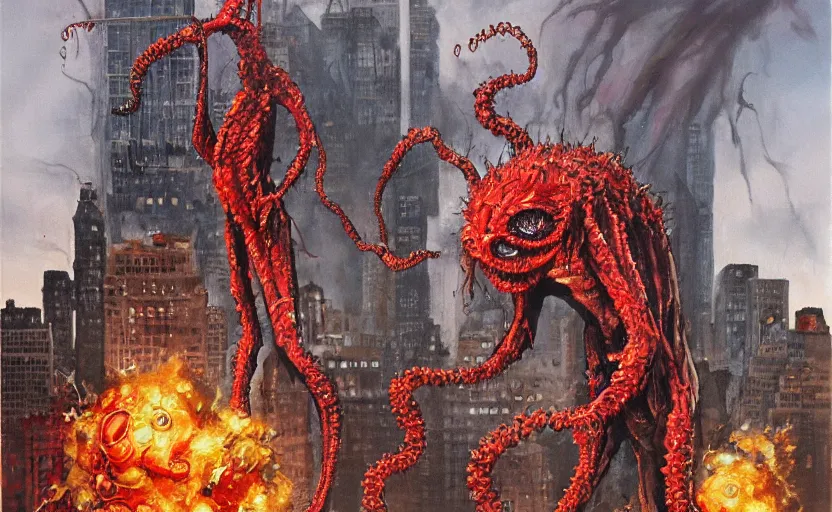 Image similar to an oil painting of atompunk red alert monster that consumes new york city in style of lovecraftian horror by simon bisley