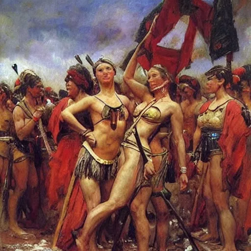 Prompt: muscular warrior women, reply of the zaporozhian cossacks, warrior women, art by ilya repin