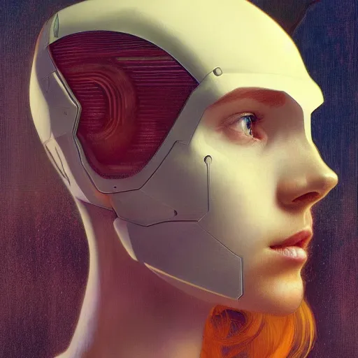 Prompt: portrait of a beautiful ginger male android, coy, circuitry visible in head, in the style of ex machina, karol bak, alphonse mucha, greg rutkowski, award winning, hr giger, artstation