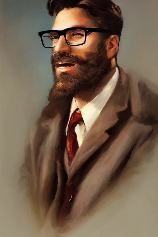 Prompt: portrait of handsome brown-haired bearded man with glasses, by Petros Afshar, Henry Justice Ford, Rolf Armstrong, Mark Arian oil-painted, trending on Artstation,