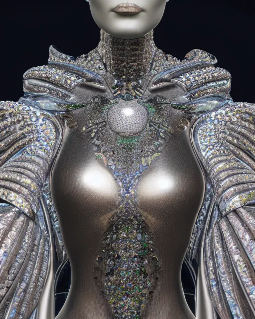 Image similar to a highly detailed metahuman 4 k close up render of a bella hadid in balenciaga monument renaissance in iris van herpen dress schiaparelli in diamonds crystals swarovski and jewelry iridescent in style of alphonse mucha gustav klimt trending on artstation made in unreal engine 4