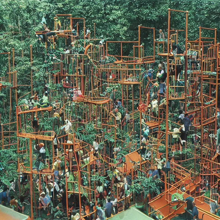 Prompt: full - color closeup 1 9 7 0 s photo of a large complex very - dense very - tall many - level jungle - gym in a crowded schoolyard. the jungle - gym is made of dark - brown wooden planks, and black rubber tires. it has many wooden spiral staircases, high bridges, ramps, and tall towers.